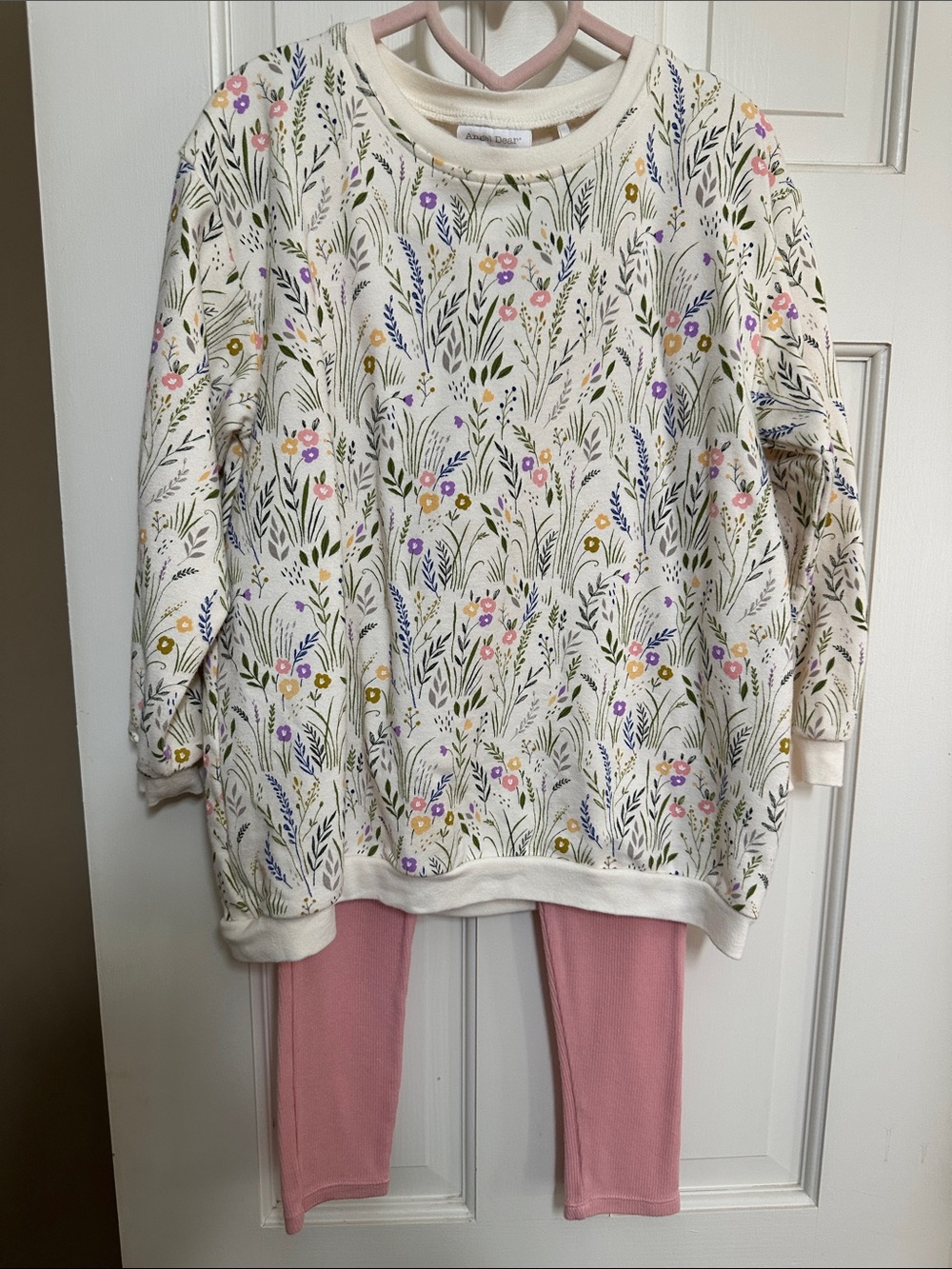 Angel Dear Girls' Pretty Floral Oversized Sweatshirt & Pink Leggings Set